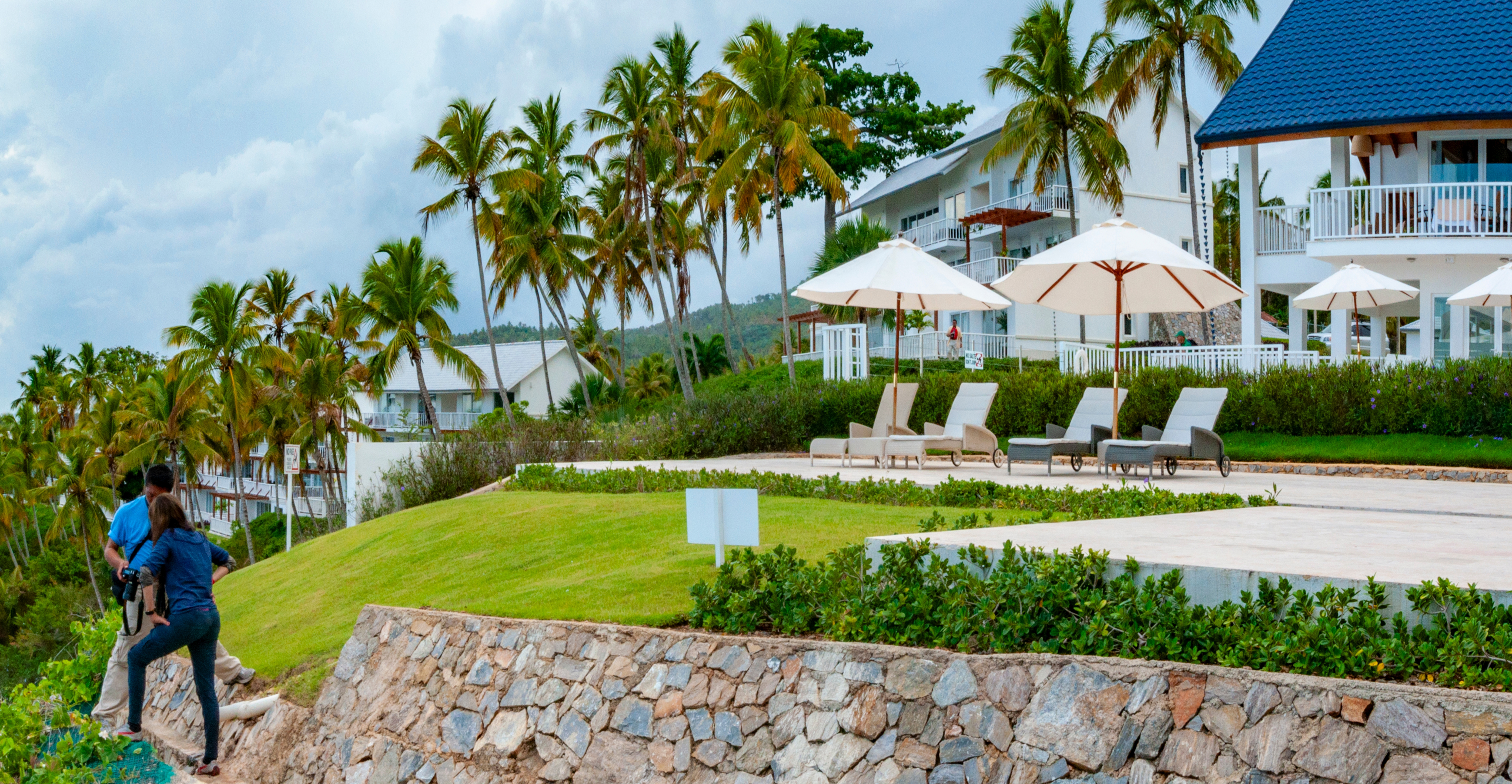 Luxury real estate in Dominica with palm trees and ocean views — modern villas and apartments in the Caribbean with a pool area