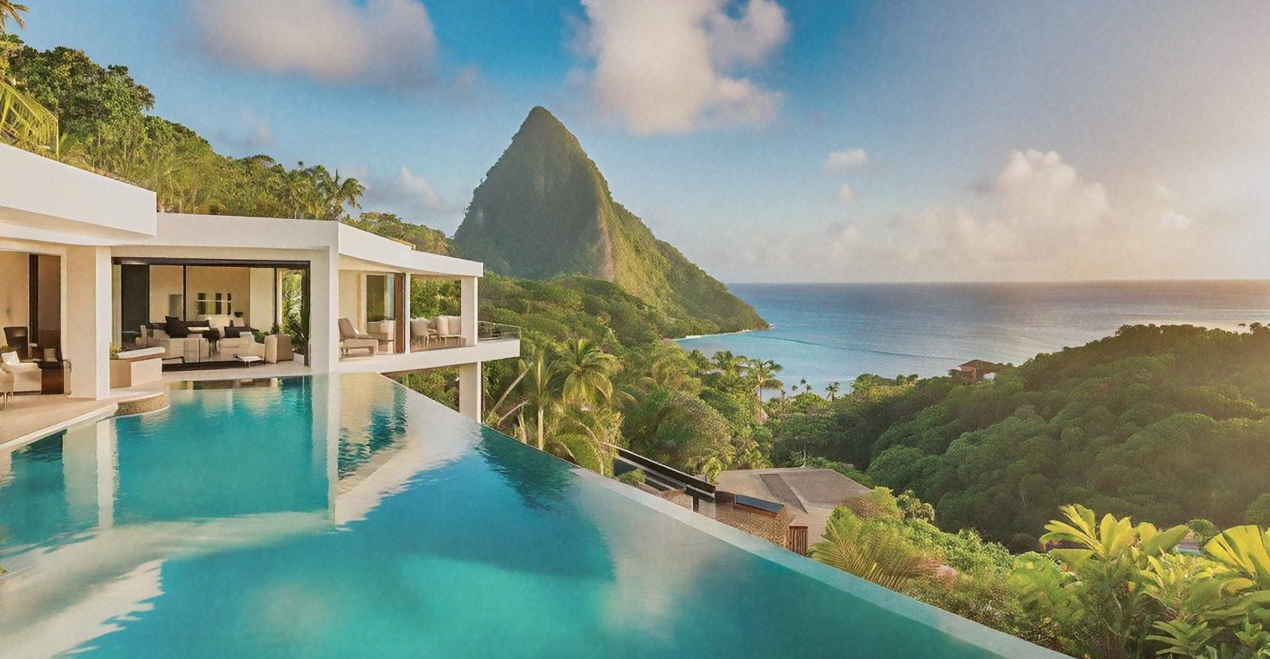 Luxury villa with infinity pool overlooking Piton and the Caribbean Sea in St. Lucia — elite coastal real estate in a tropical paradise
